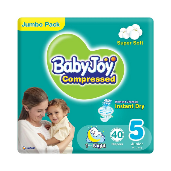 Baby Joy Compressed Diamond Pad, Size 5, Extra Large, 14-25 kg, Jumbo Box, 80 Diapers