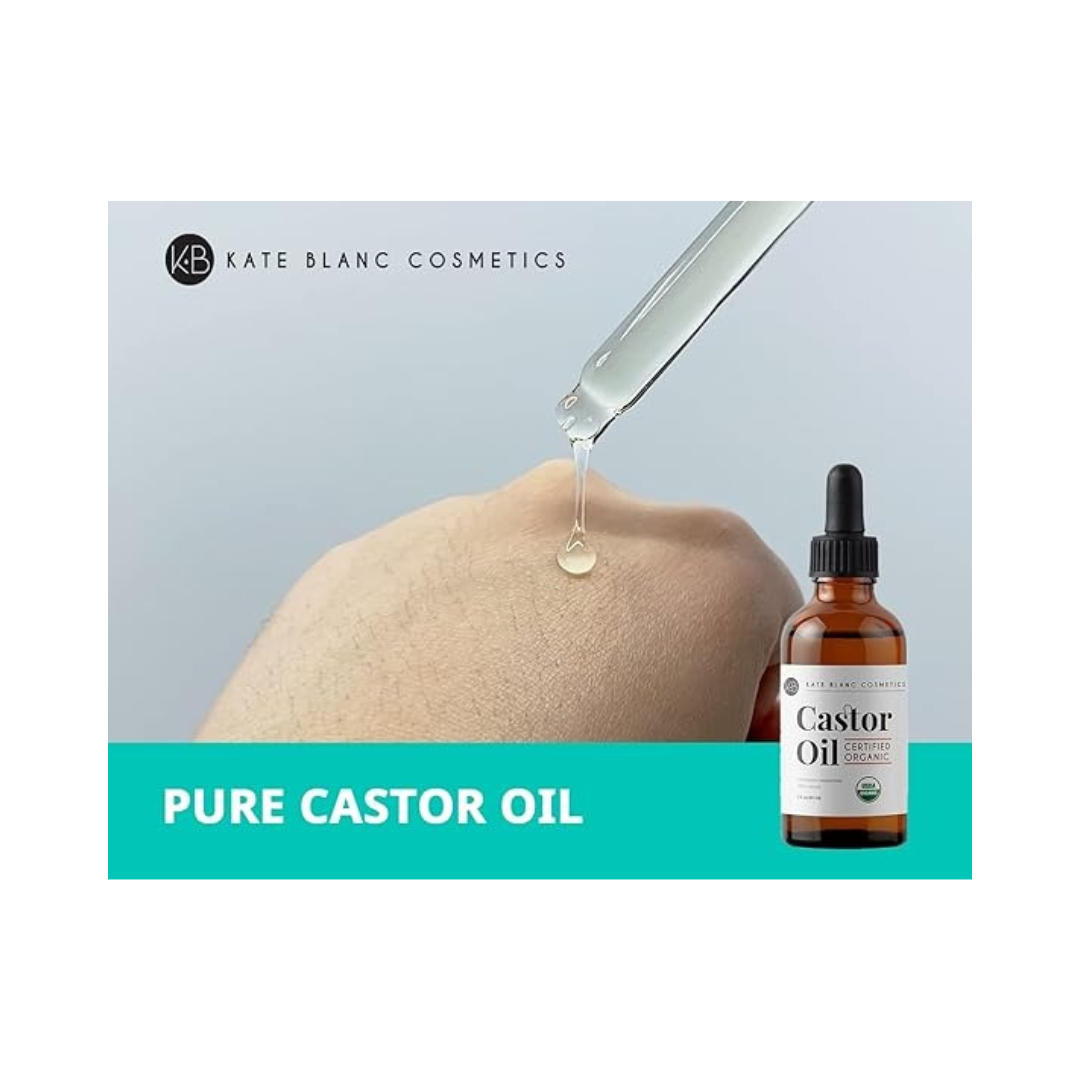Castor Oil (2oz), USDA Certified Organic, 100% Pure, Cold Pressed, Hexane Free by Kate Blanc. Stimulate Growth for Eyelashes, Eyebrows, Hair. Skin Moisturizer - 4 Ounce (Pack of 1)