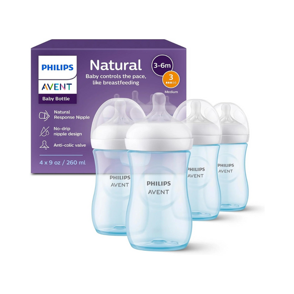 Philips AVENT Natural Baby Bottle with Natural Response, Blue, 9oz, 4pk, SCY903/24