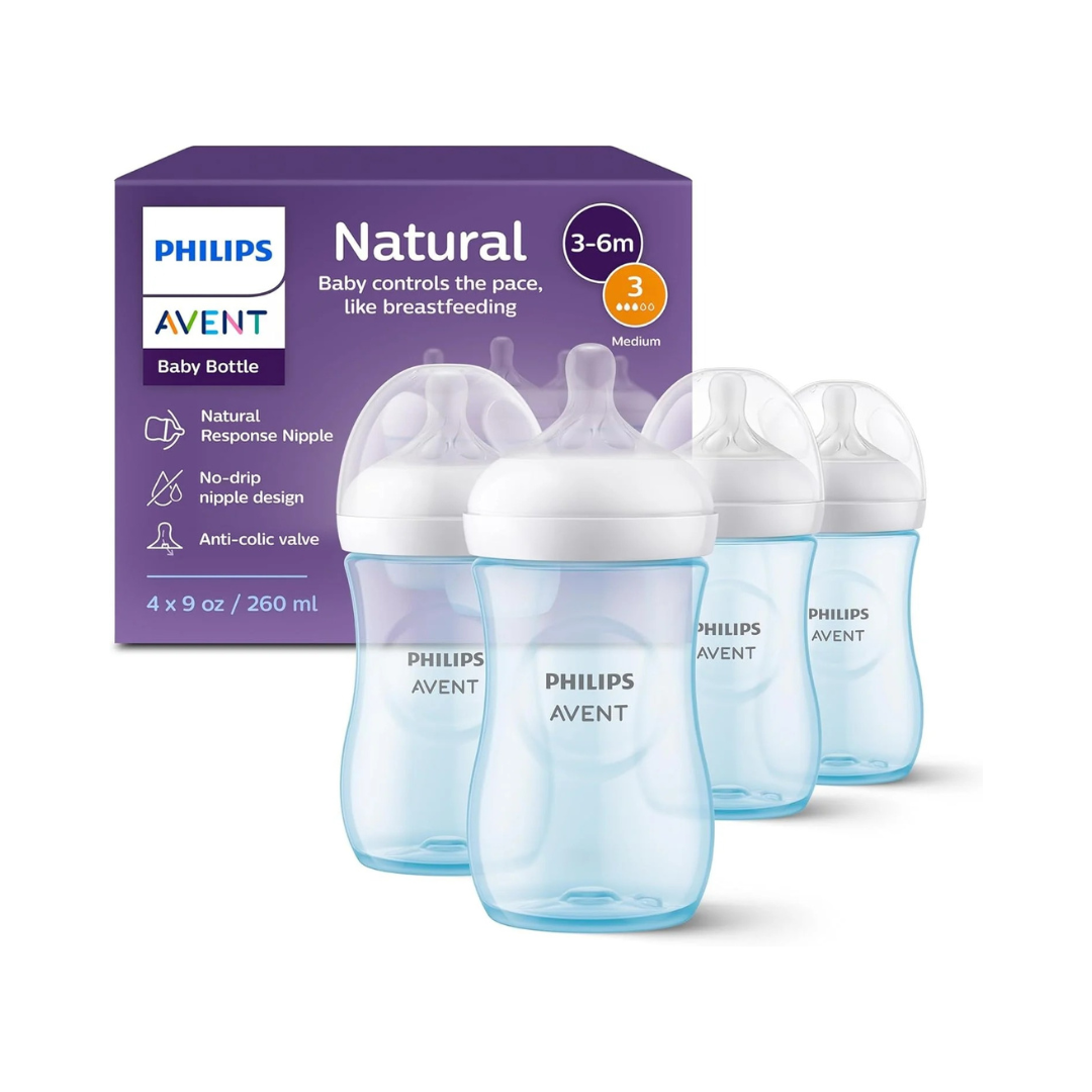 Philips AVENT Natural Baby Bottle with Natural Response, Blue, 9oz, 4pk, SCY903/24