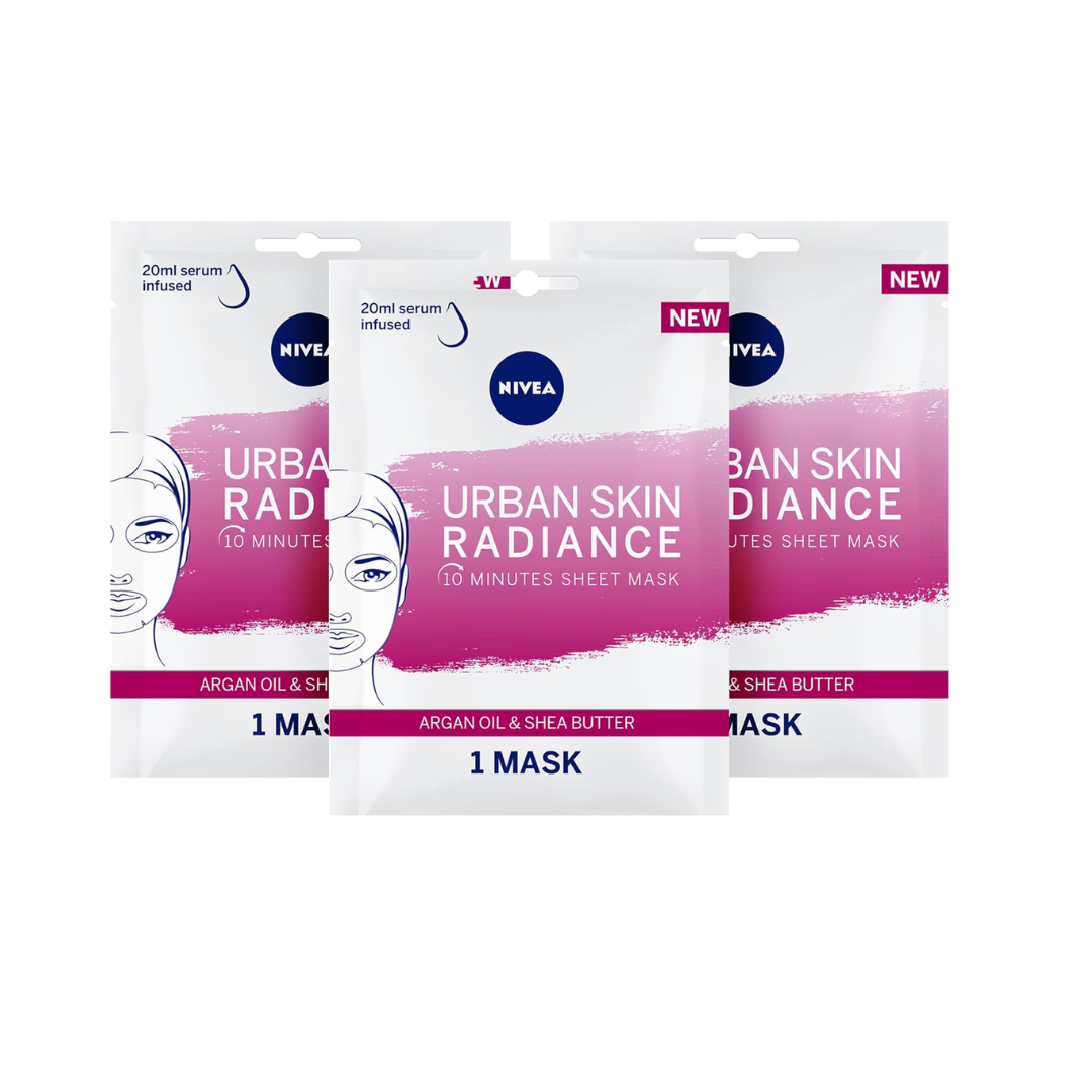 NIVEA Urban Skin Radiance Face Sheet Mask, Argan Oil & Shea Butter, 3x1 Mask