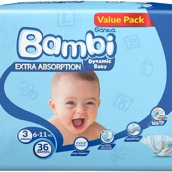 Sanita Bambi Baby Diapers Mega Pack Size 3, Medium, 6-11 KG, 184 Count