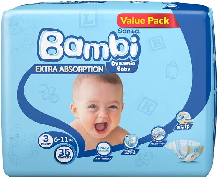 Sanita Bambi Baby Diapers Mega Pack Size 3, Medium, 6-11 KG, 184 Count