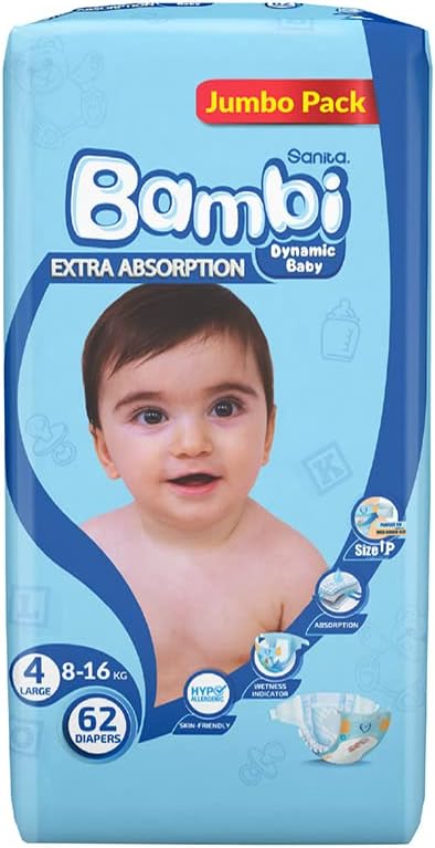 Sanita Bambi, Size 4, Large, 8-16 kg, Jumbo Pack, 62 Diapers