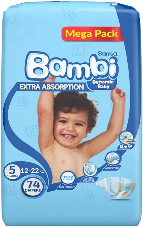 Sanita Bambi Baby Diapers Jumbo Pack Size 5, X-Large, 12-22 KG, 162 Count