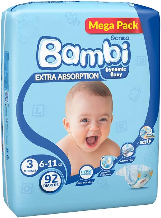 Sanita Bambi Baby Diapers Mega Pack Size 3, Medium, 6-11 KG, 184 Count