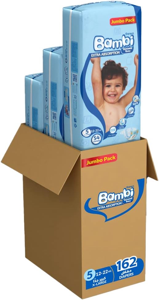 Sanita Bambi Baby Diapers Jumbo Pack Size 5, X-Large, 12-22 KG, 162 Count