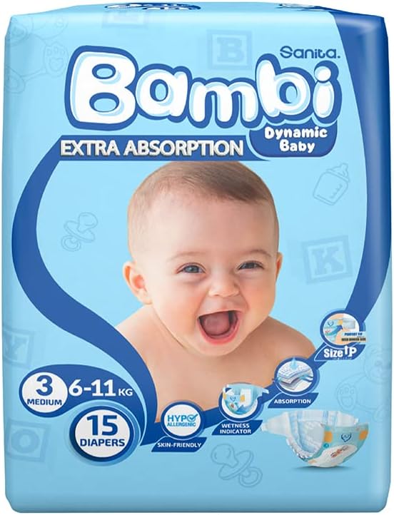 Sanita Bambi Baby Diapers Mega Pack Size 3, Medium, 6-11 KG, 184 Count