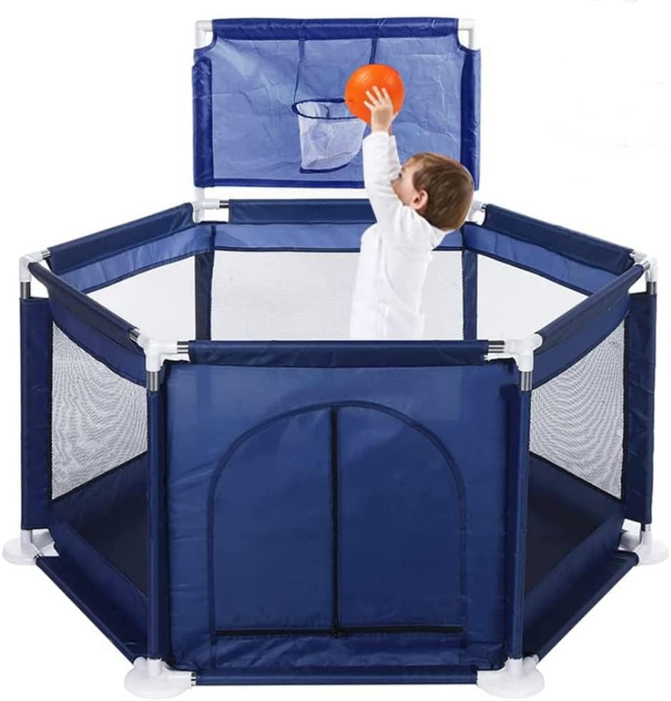 DMG TECH Baby Playpen, Foldable Baby Kids Playpen Activity Center Room, Baby Furniture Play Yard with Basketball Hoop, Sturdy Playpen with Anti-Slip Base for Indoor and Outdoor (BLUE)