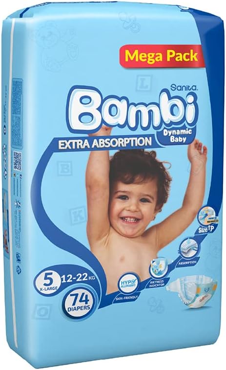 Sanita Bambi Baby Diapers Jumbo Pack Size 5, X-Large, 12-22 KG, 162 Count