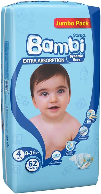 Sanita Bambi, Size 4, Large, 8-16 kg, Jumbo Pack, 62 Diapers