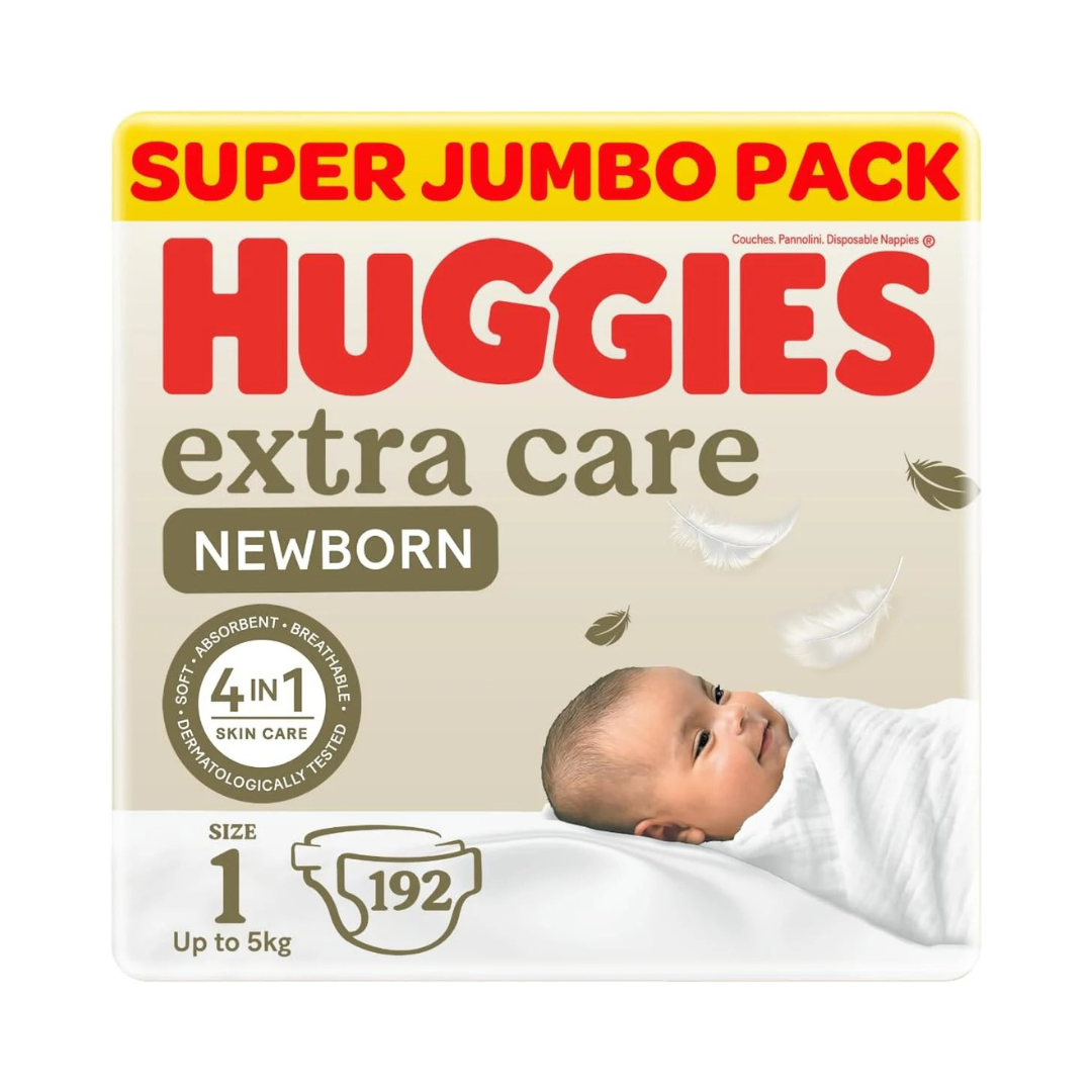 HUGGIES Extra Care Newborn Diapers, Size 1, Up to 5 kg, Jumbo Pack, 64 Diapers