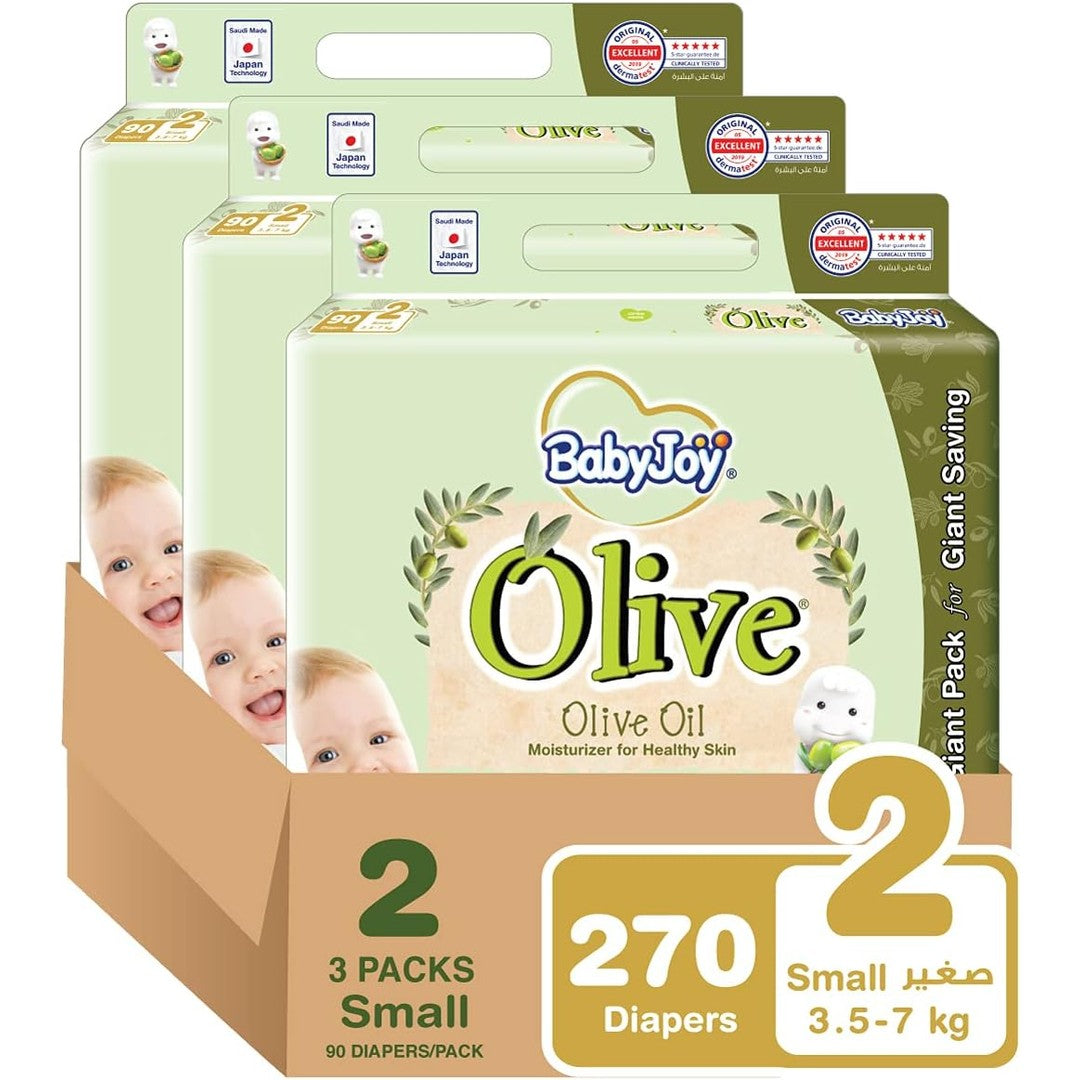 BabyJoy Olive Tape Diaper, Size 2, Small, 3.5-7 Kg, Giant Box, 270 Diapers