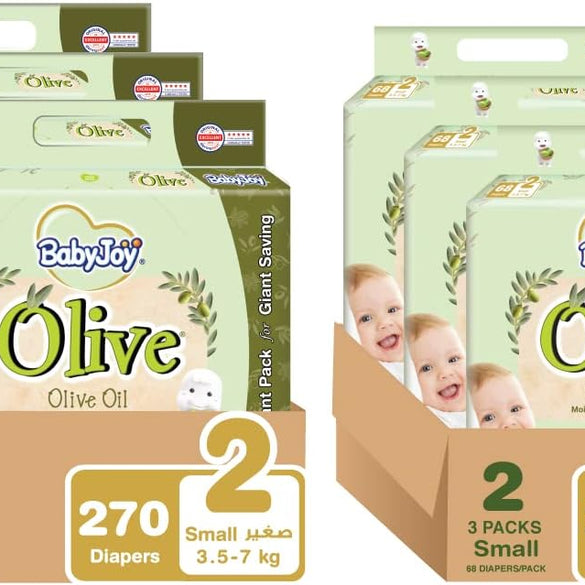 BabyJoy Olive Tape Diaper, Size 2, Small, 3.5-7 Kg, Giant Box, 270 Diapers