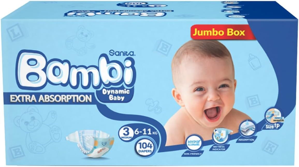 Sanita Bambi Baby Diapers Mega Pack Size 3, Medium, 6-11 KG, 184 Count