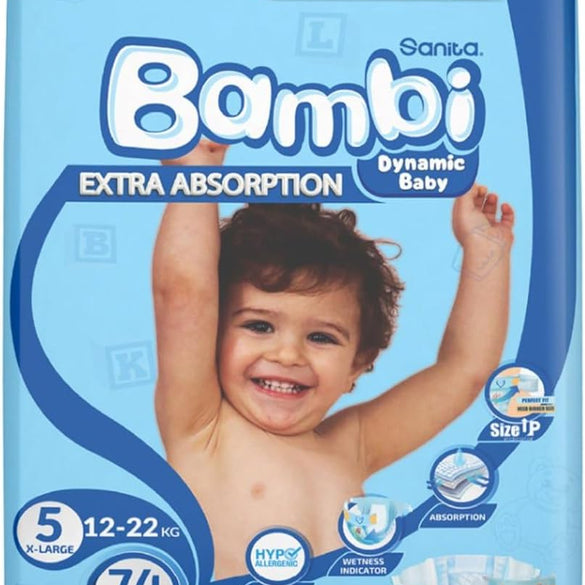 Sanita Bambi Baby Diapers Jumbo Pack Size 5, X-Large, 12-22 KG, 162 Count