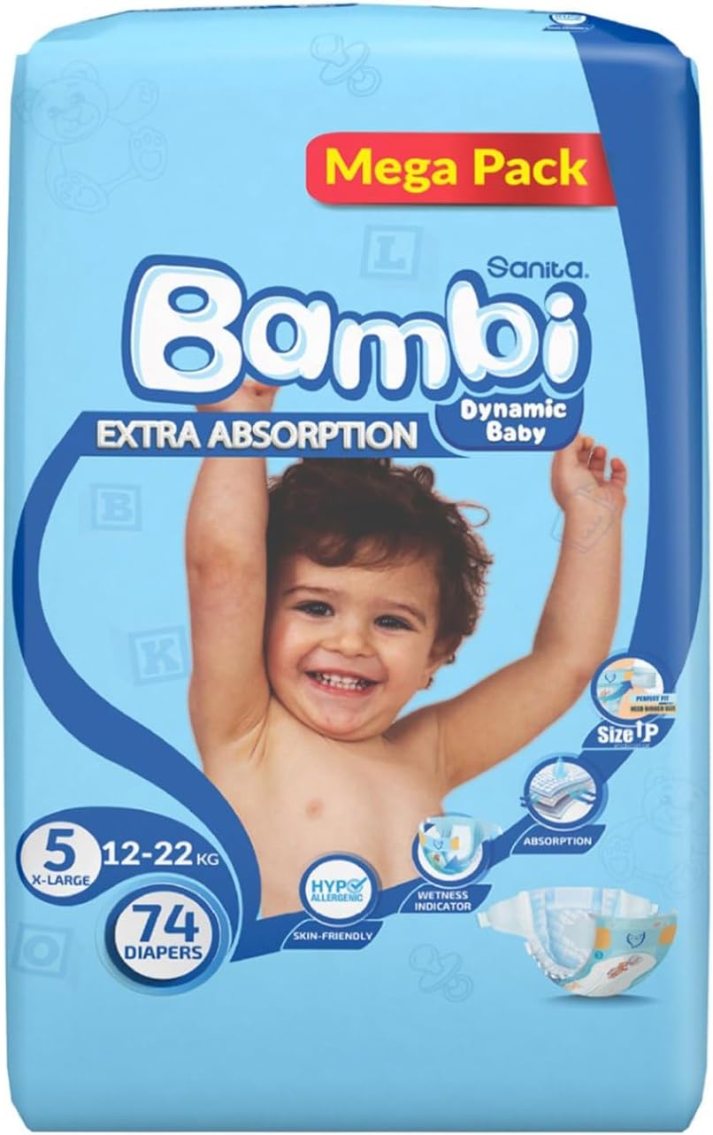 Sanita Bambi Baby Diapers Jumbo Pack Size 5, X-Large, 12-22 KG, 162 Count