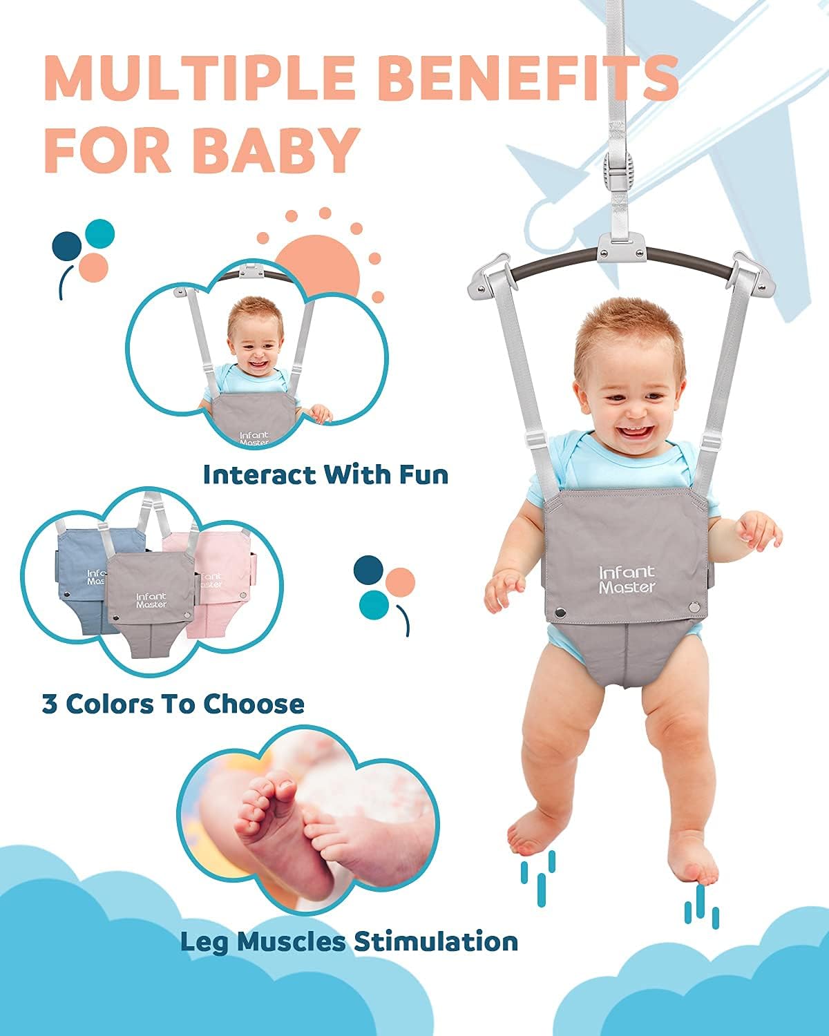 Infant Master Doorway Jumper, Johnny Jumper w/Adjustable Seat Bag, Durable Baby Door Bouncer & Swing Jumper w/Steel Spring, Wise Gift Choice for Infant & Toddler, Easy to Use, Blue