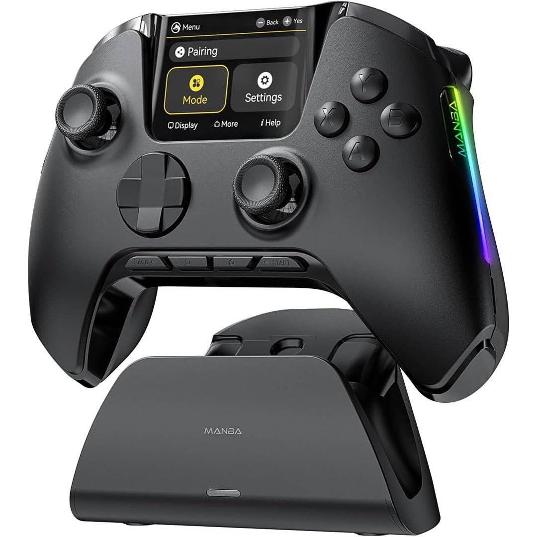 (No Drift) ManbaOne Wireless Game Controller with Interactive Screen for Windows PC/Switch/iOS/Android/Steam Deck,Hall Effect Stick and Trigger with Charging Dock(White)