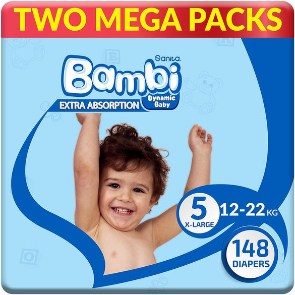 Sanita Bambi Baby Diapers Jumbo Pack Size 5, X-Large, 12-22 KG, 162 Count