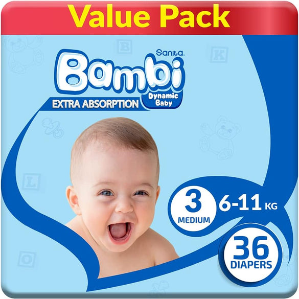 Sanita Bambi Baby Diapers Mega Pack Size 3, Medium, 6-11 KG, 184 Count