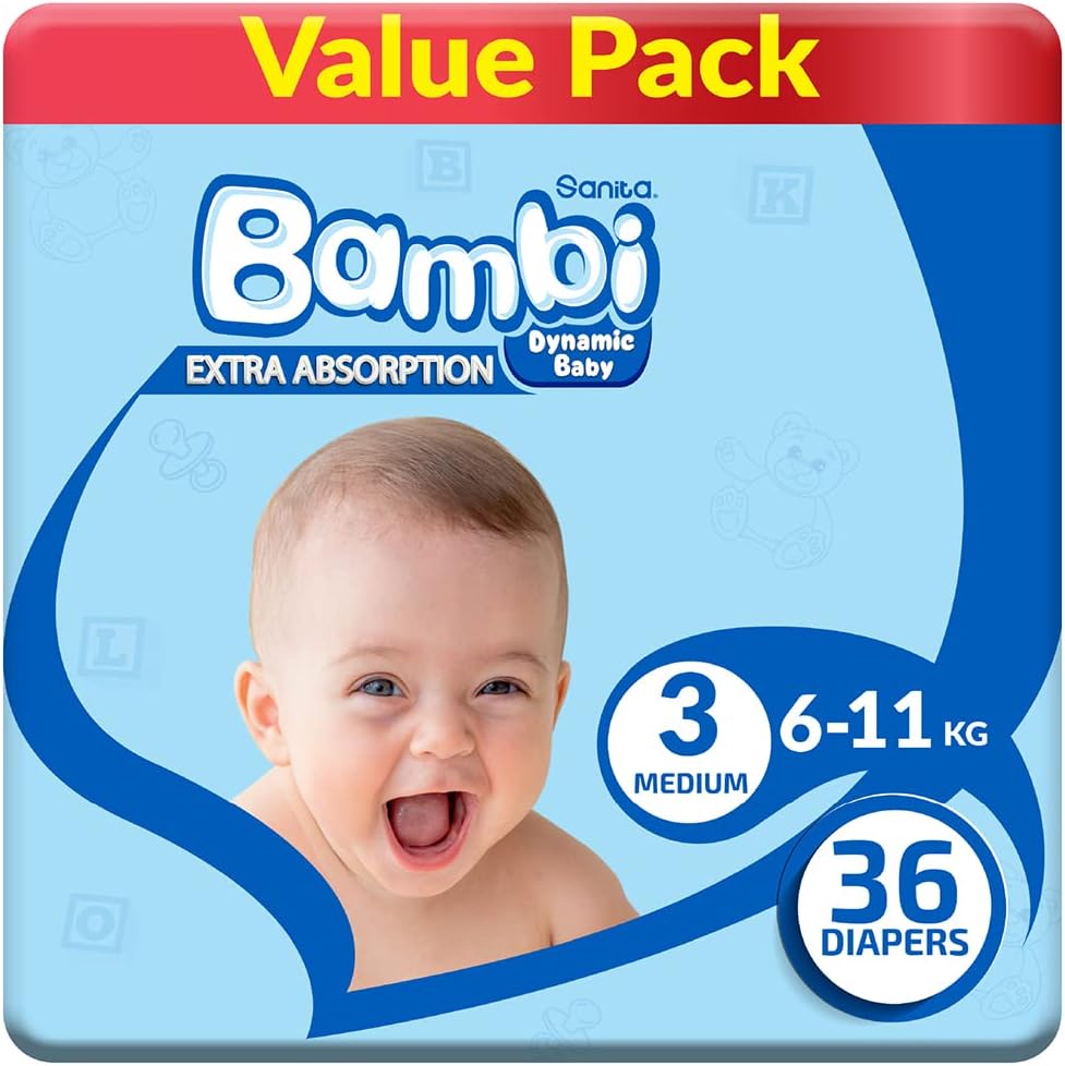 Sanita Bambi Baby Diapers Mega Pack Size 3, Medium, 6-11 KG, 184 Count