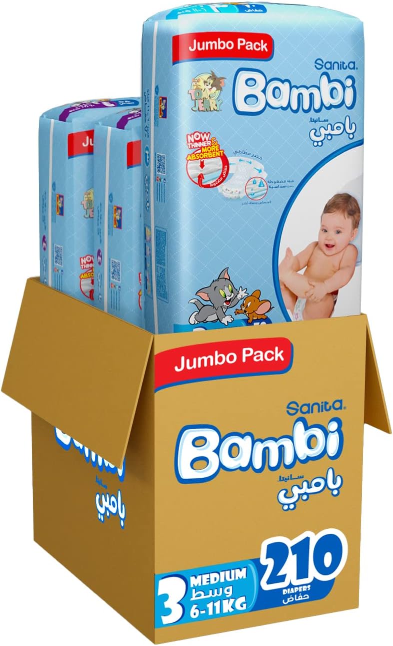 Sanita Bambi Baby Diapers Mega Pack Size 3, Medium, 6-11 KG, 184 Count