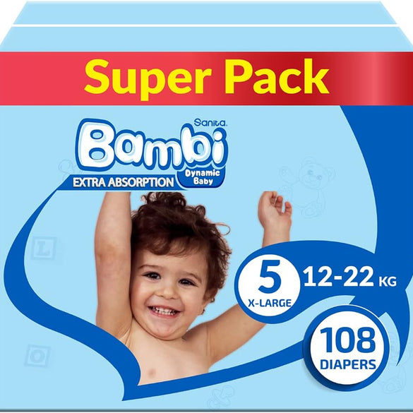 Sanita Bambi Baby Diapers Jumbo Pack Size 5, X-Large, 12-22 KG, 162 Count