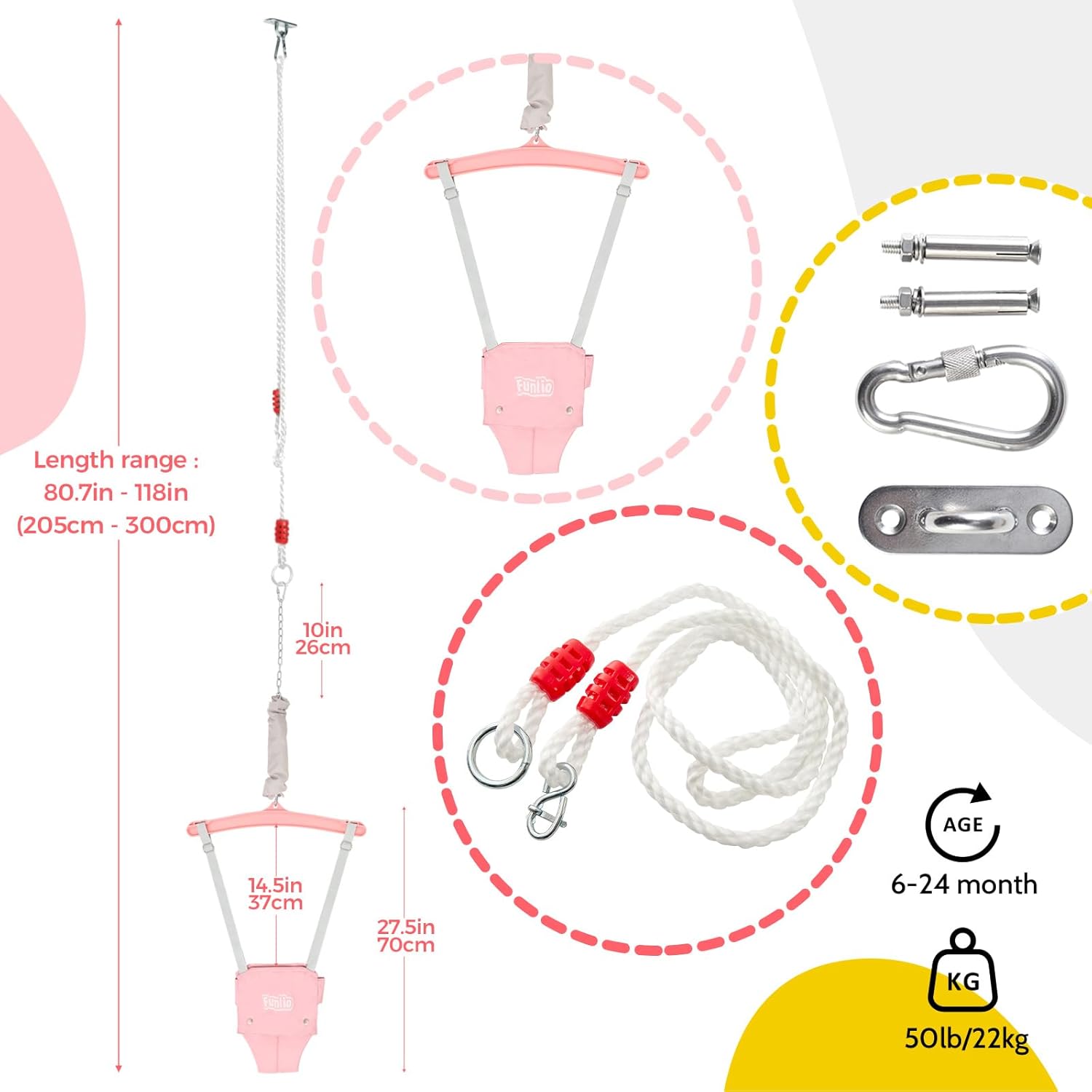 FUNLIO Baby Jumper with a Ceiling Hook for 6-24 Months, Baby Door Jumper for Indoor/Outdoor Play