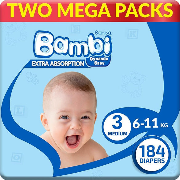 Sanita Bambi Baby Diapers Mega Pack Size 3, Medium, 6-11 KG, 184 Count