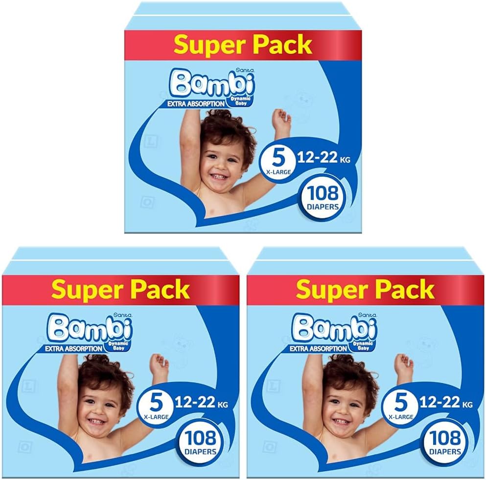 Sanita Bambi Baby Diapers Jumbo Pack Size 5, X-Large, 12-22 KG, 162 Count