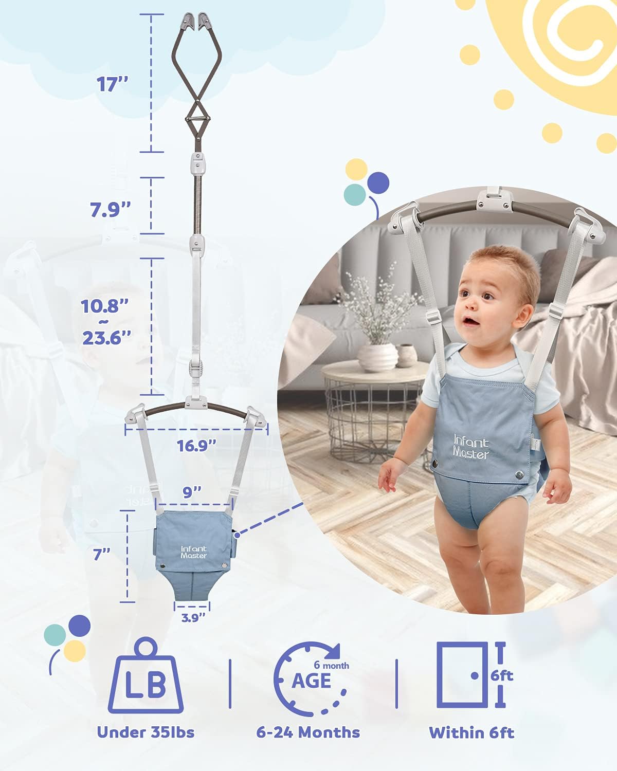 Infant Master Doorway Jumper, Johnny Jumper w/Adjustable Seat Bag, Durable Baby Door Bouncer & Swing Jumper w/Steel Spring, Wise Gift Choice for Infant & Toddler, Easy to Use, Blue