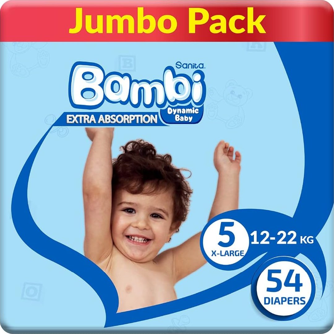 Sanita Bambi Baby Diapers Jumbo Pack Size 5, X-Large, 12-22 KG, 162 Count