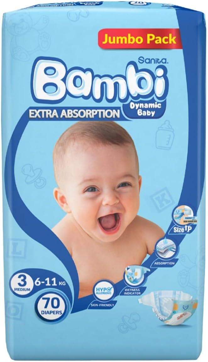 Sanita Bambi Baby Diapers Mega Pack Size 3, Medium, 6-11 KG, 184 Count