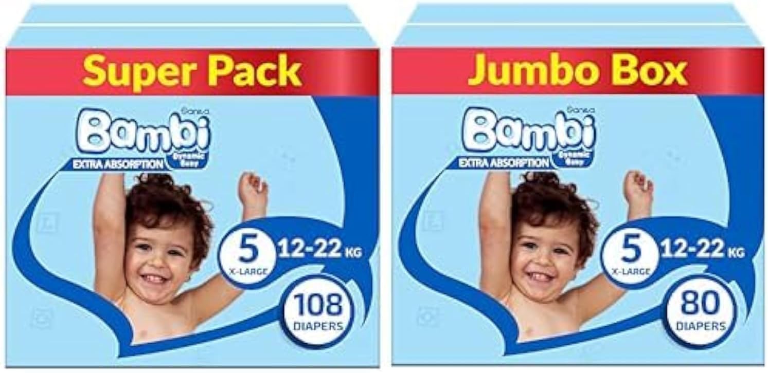 Sanita Bambi Baby Diapers Jumbo Pack Size 5, X-Large, 12-22 KG, 162 Count