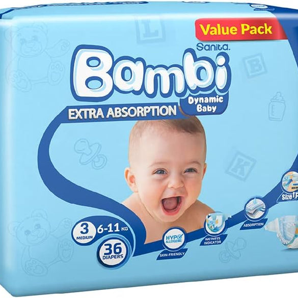 Sanita Bambi Baby Diapers Mega Pack Size 3, Medium, 6-11 KG, 184 Count
