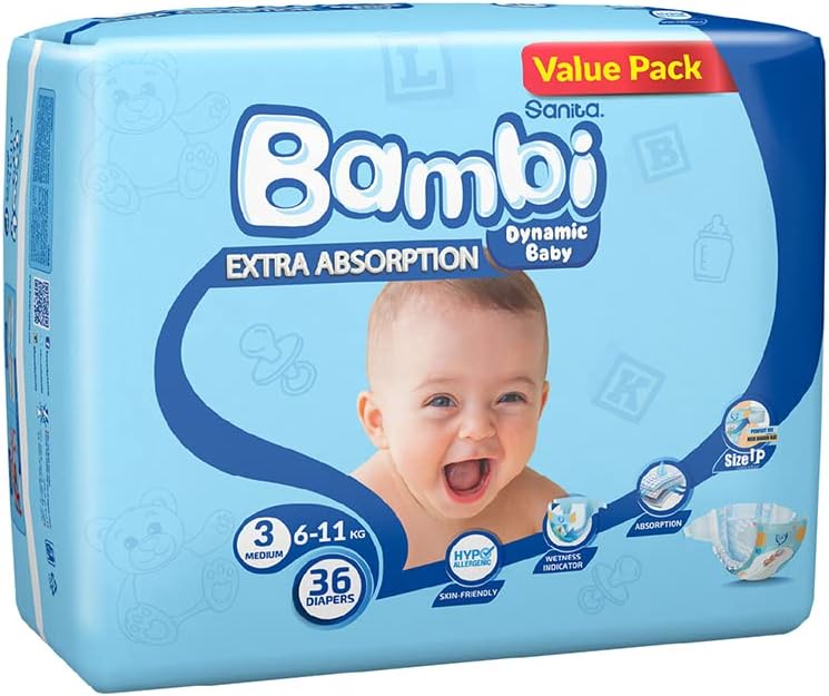 Sanita Bambi Baby Diapers Mega Pack Size 3, Medium, 6-11 KG, 184 Count