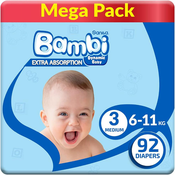 Sanita Bambi Baby Diapers Mega Pack Size 3, Medium, 6-11 KG, 184 Count