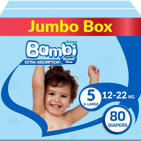 Sanita Bambi Baby Diapers Jumbo Pack Size 5, X-Large, 12-22 KG, 162 Count