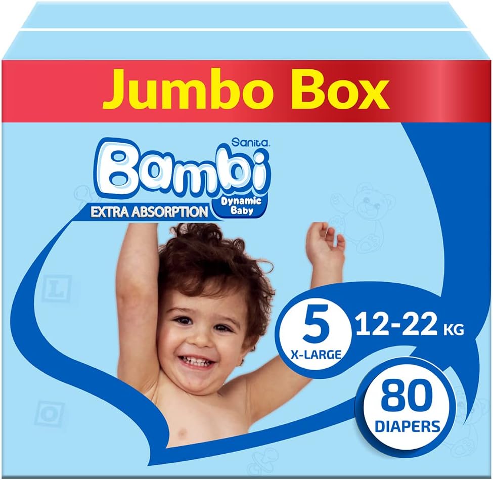 Sanita Bambi Baby Diapers Jumbo Pack Size 5, X-Large, 12-22 KG, 162 Count