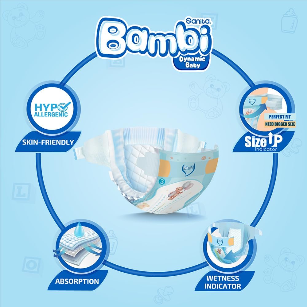 Sanita Bambi Baby Diapers Mega Pack Size 3, Medium, 6-11 KG, 184 Count