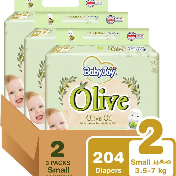 BabyJoy Olive Tape Diaper, Size 2, Small, 3.5-7 Kg, Giant Box, 270 Diapers