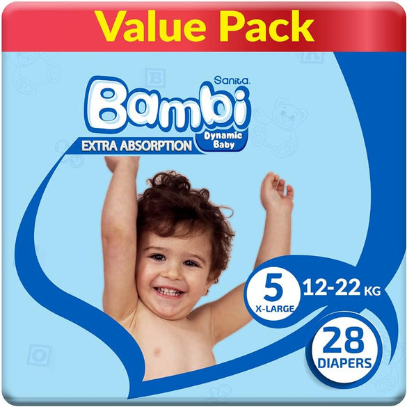 Sanita Bambi Baby Diapers Jumbo Pack Size 5, X-Large, 12-22 KG, 162 Count