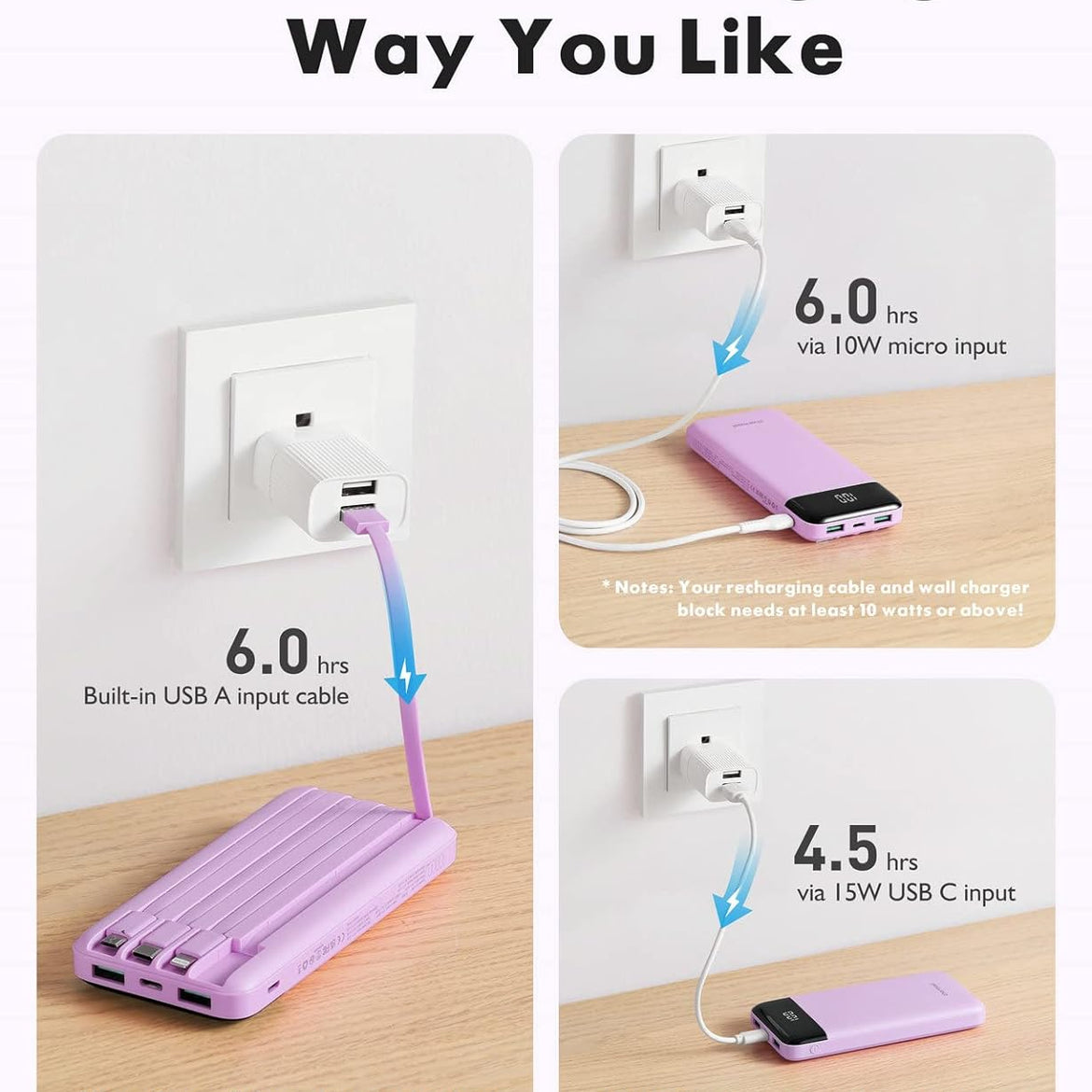 Portable Charger with Built in Cables, Portable Charger with Cords Wires Slim 10000mAh Travel Battery Pack 6 Outputs 3 Inputs 3A Fast Charging Power Bank for Samsung Google Pixel LG Moto iPhone iPad