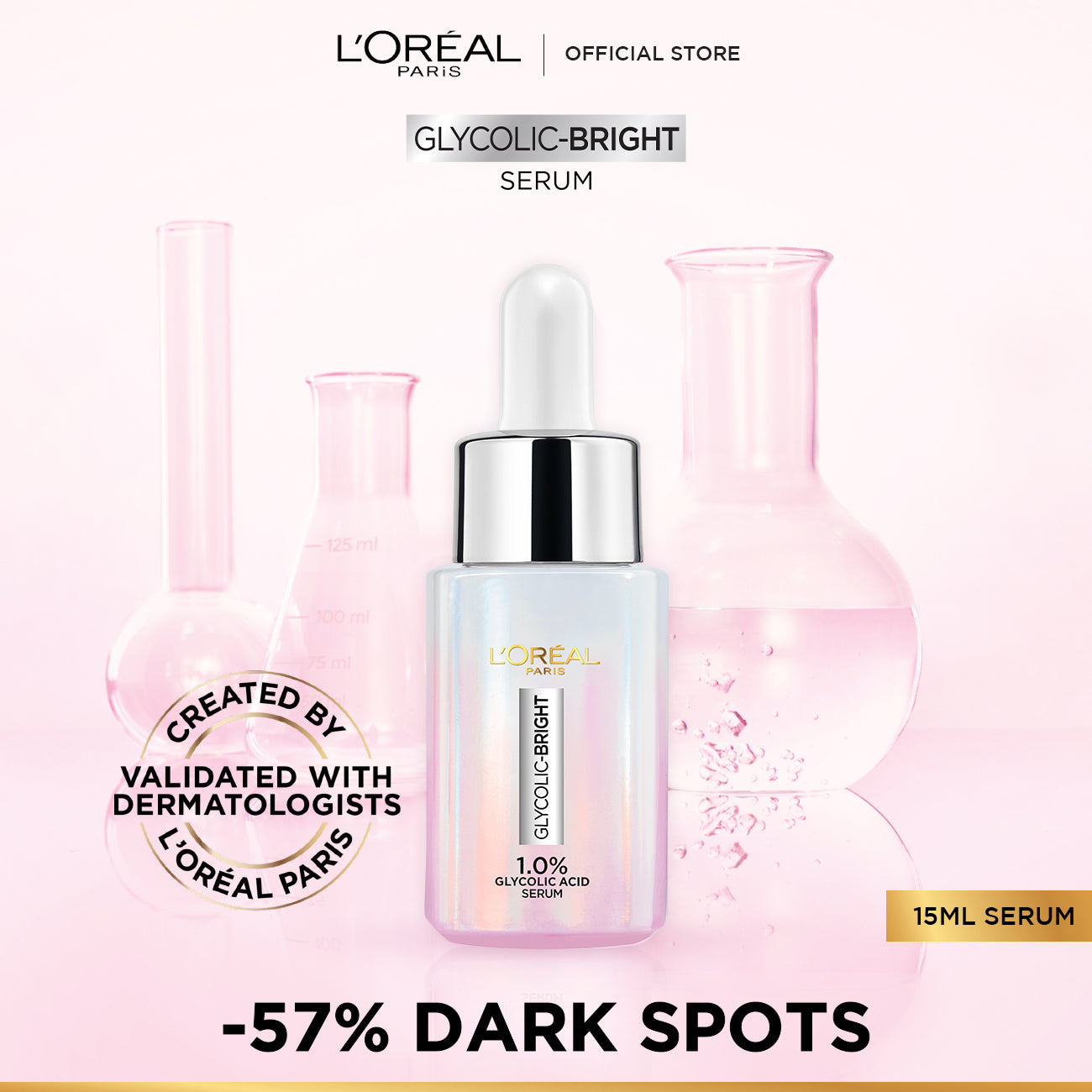 L'Oreal Paris Glycolic Bright Instant Glowing Serum, Reduces 57% Dark Spots, 15ml - Anti-Dark, Spot Brightening Face Serum