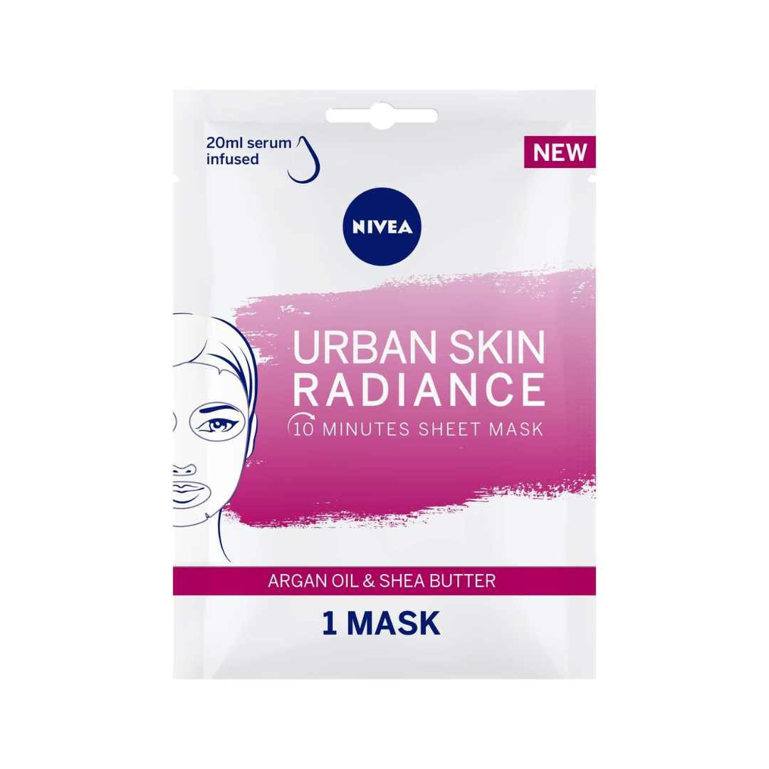 NIVEA Urban Skin Radiance Face Sheet Mask, Argan Oil & Shea Butter, 3x1 Mask