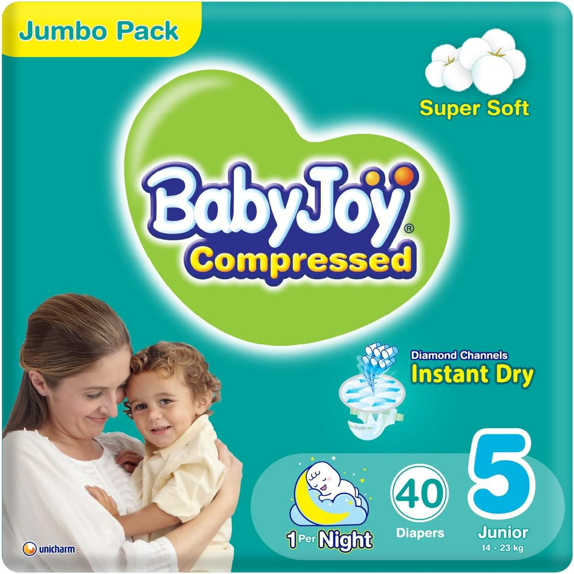 Baby Joy Compressed Diamond Pad, Size 5, Extra Large, 14-25 kg, Jumbo Box, 80 Diapers