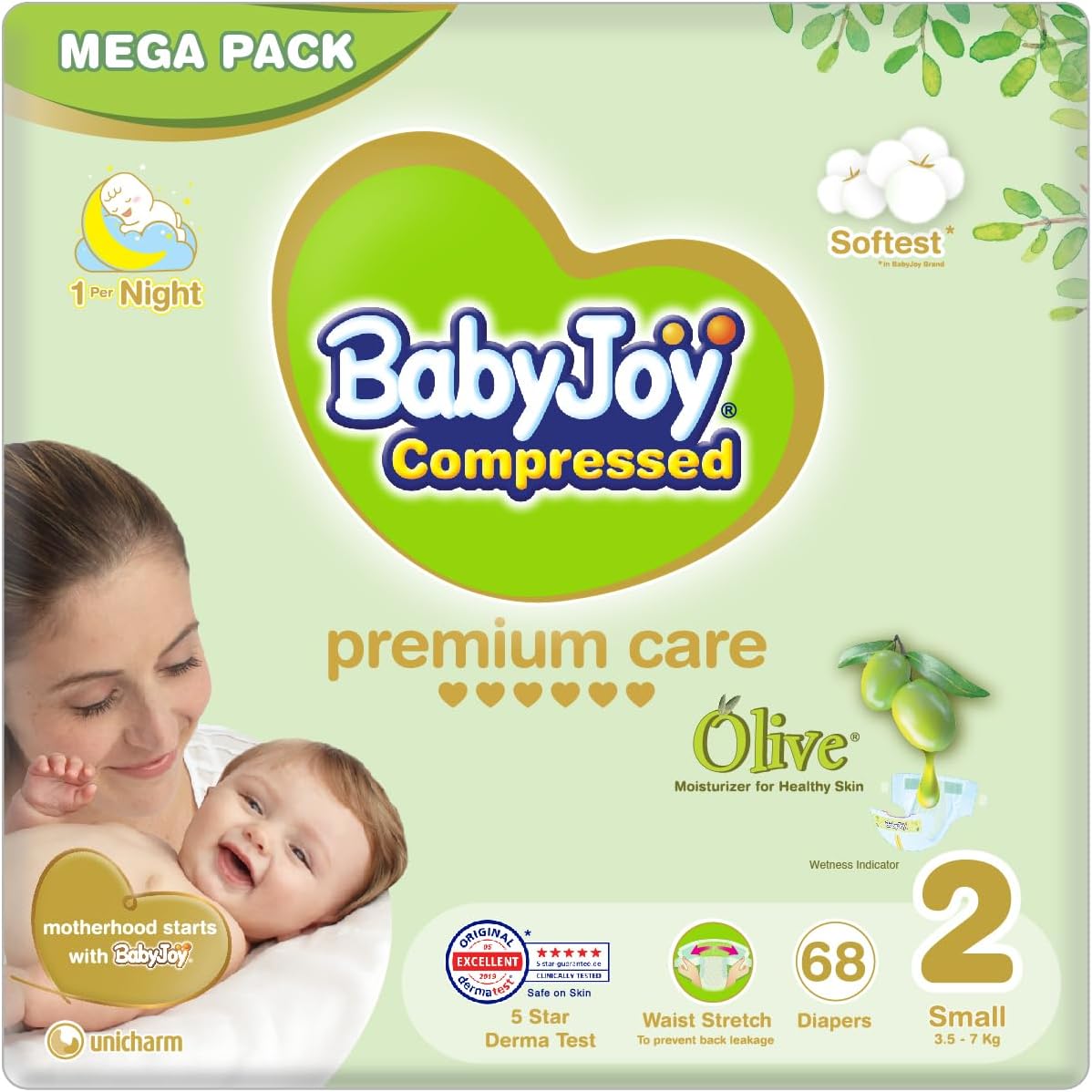 BabyJoy Olive Tape Diaper, Size 2, Small, 3.5-7 Kg, Giant Box, 270 Diapers