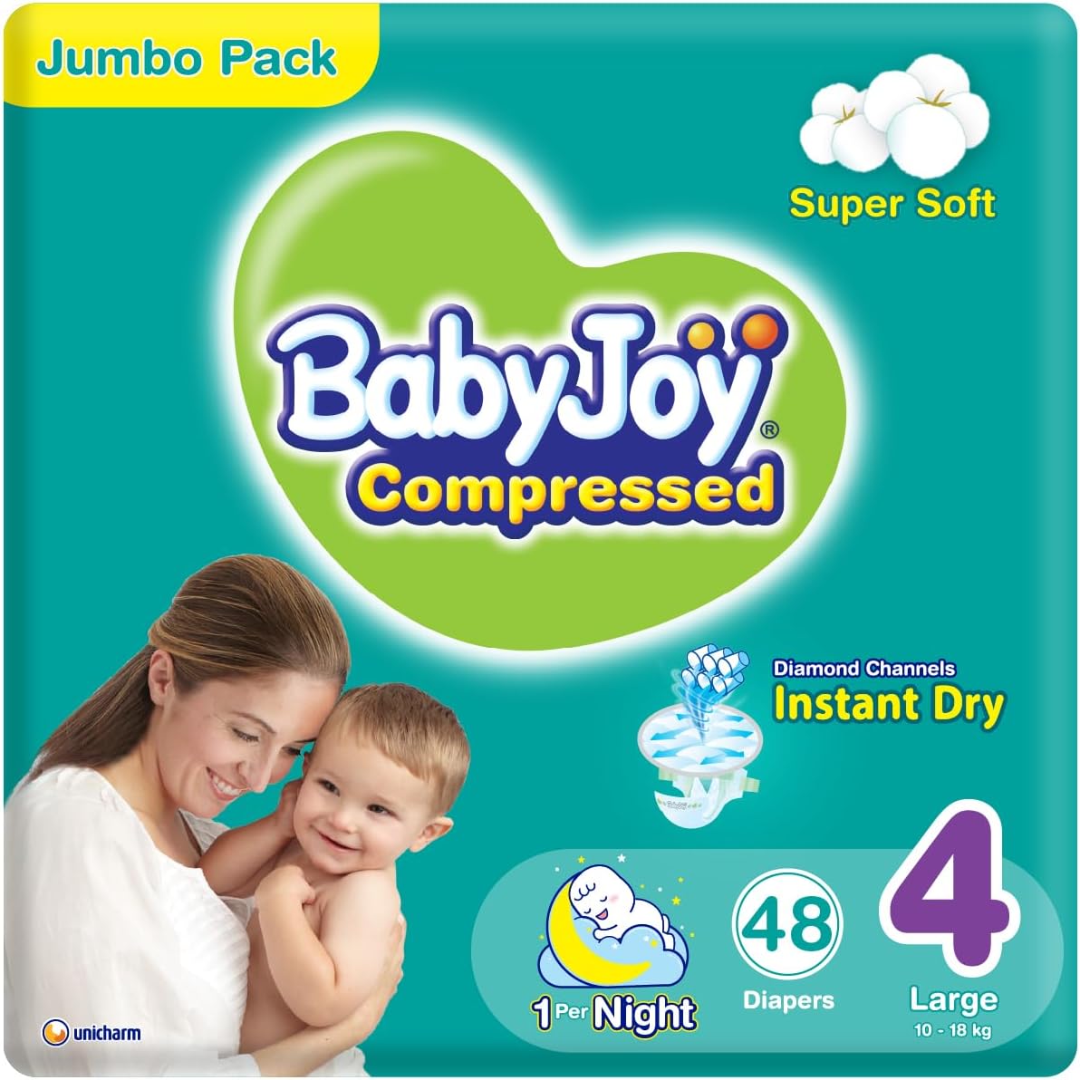 BabyJoy Compressed Diamond Pad, Size 4, Large, 10-18 kg, Value Pack, 32 Diapers