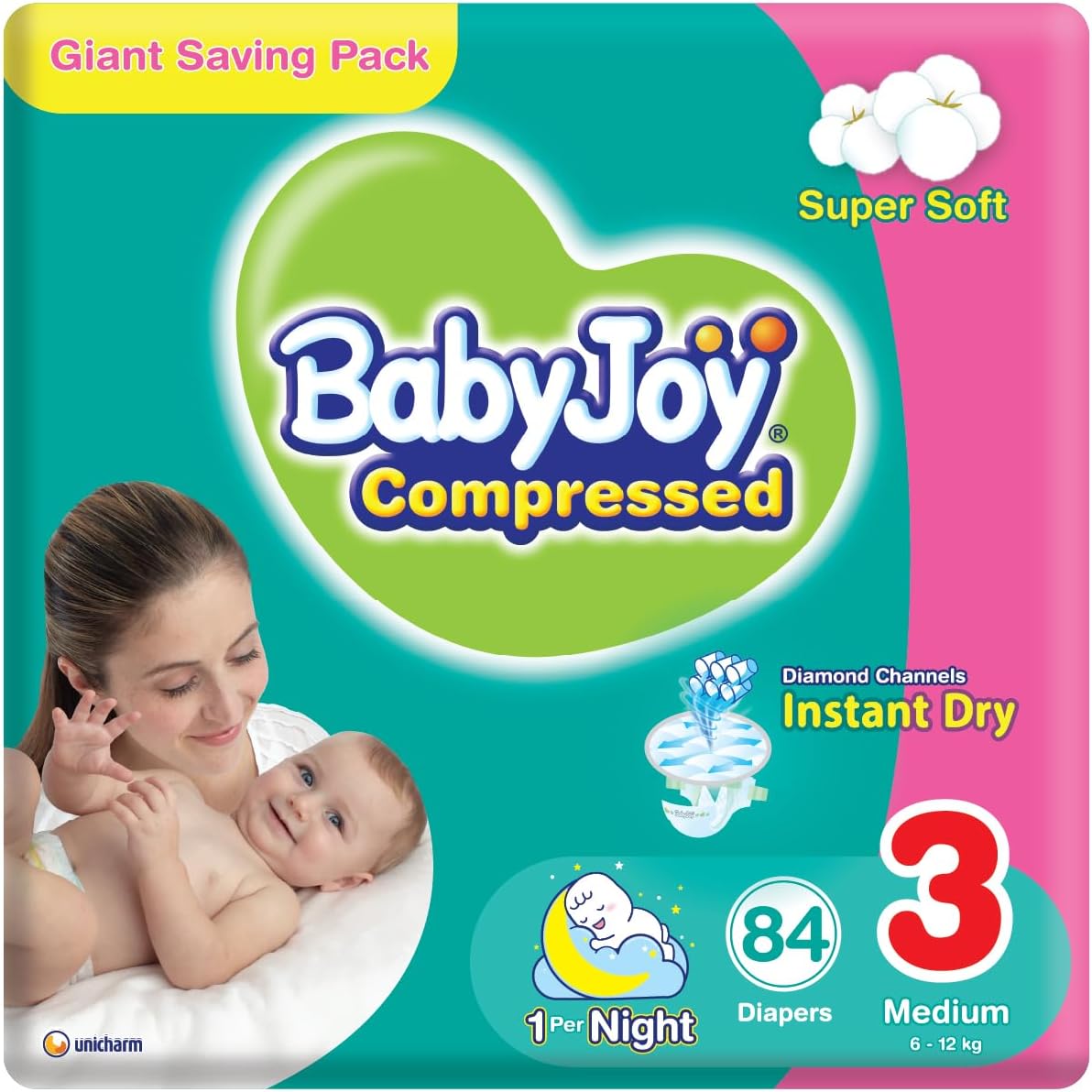 Babyjoy Compressed Diamond Pad, Size 3, Medium, 6-12 Kg, Mega Pack, 68 Diapers